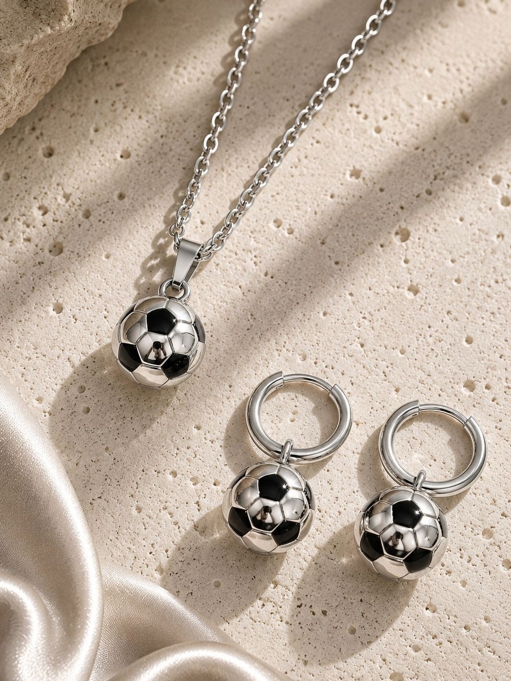 Silver Soccer Ball Necklace and Hoop Earring Set
